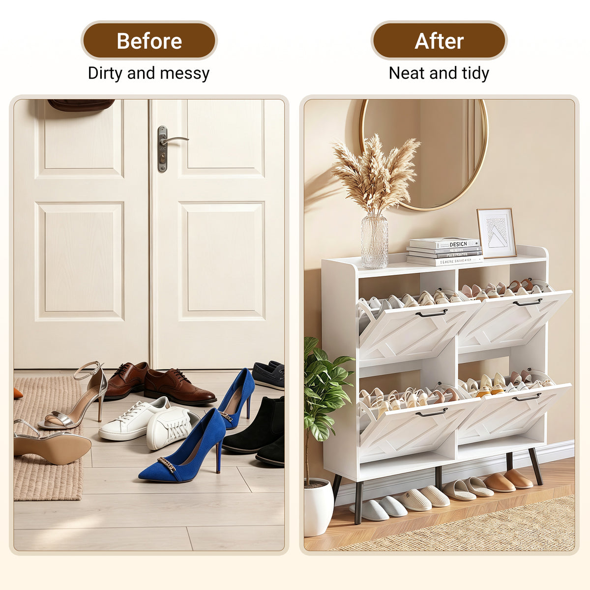 Skyhill Shoe Cabinet with 4 Flip Drawers,Farmhouse Shoe Storage Organizer for Entryway,White