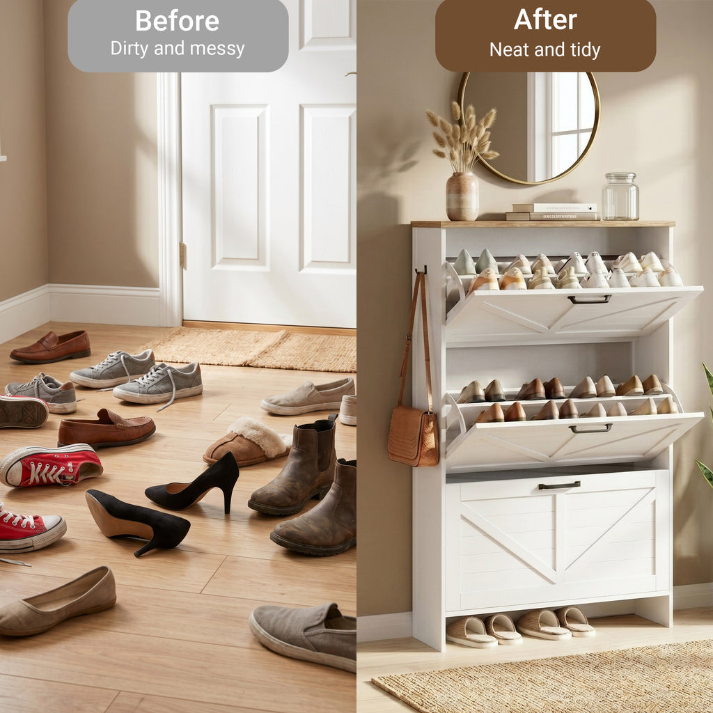 Skyhill Shoe Cabinet with 3 Flip Drawers, Farmhouse Shoe Storage Cabinet Organizer for Entryway, White