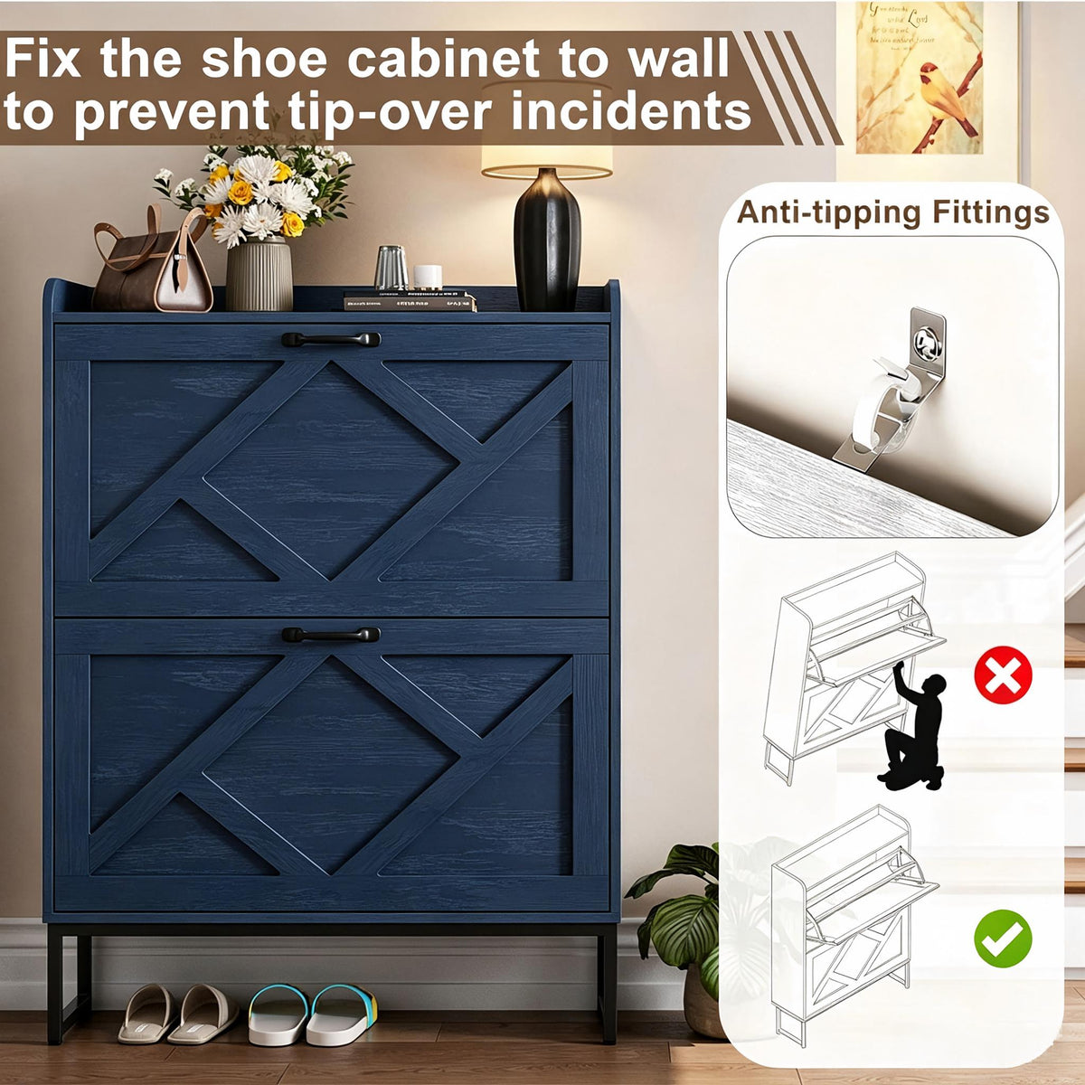 Skyhill Shoe Cabinet with 2 Flip Drawers,Farmhouse Shoe Organizer for Entryway,Blue