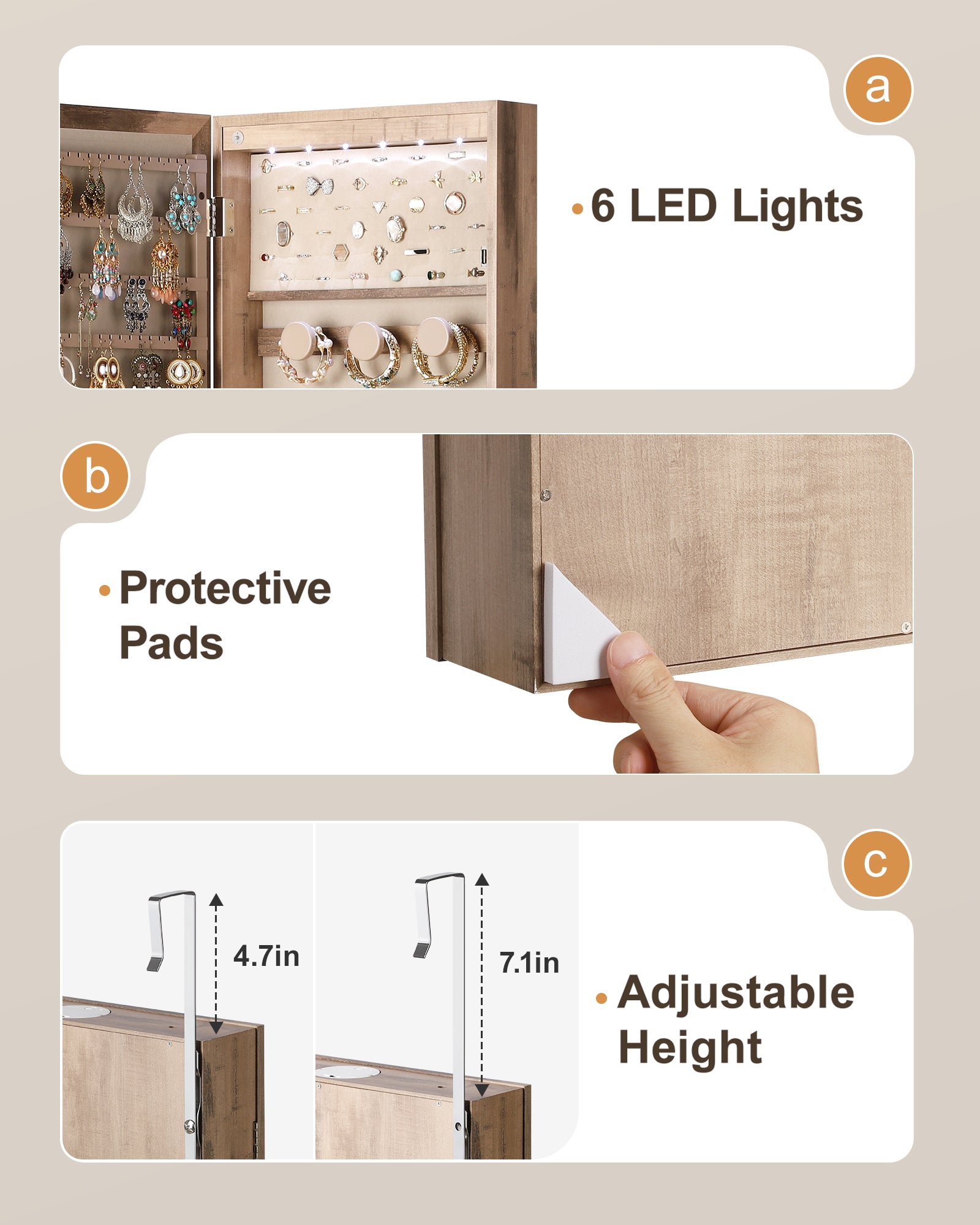 Skyhill Mirror Jewelry Cabinet, 40in Jewelry Armoire Organizer, Door or Wall Mounted, 6 LED Lights（Oak）