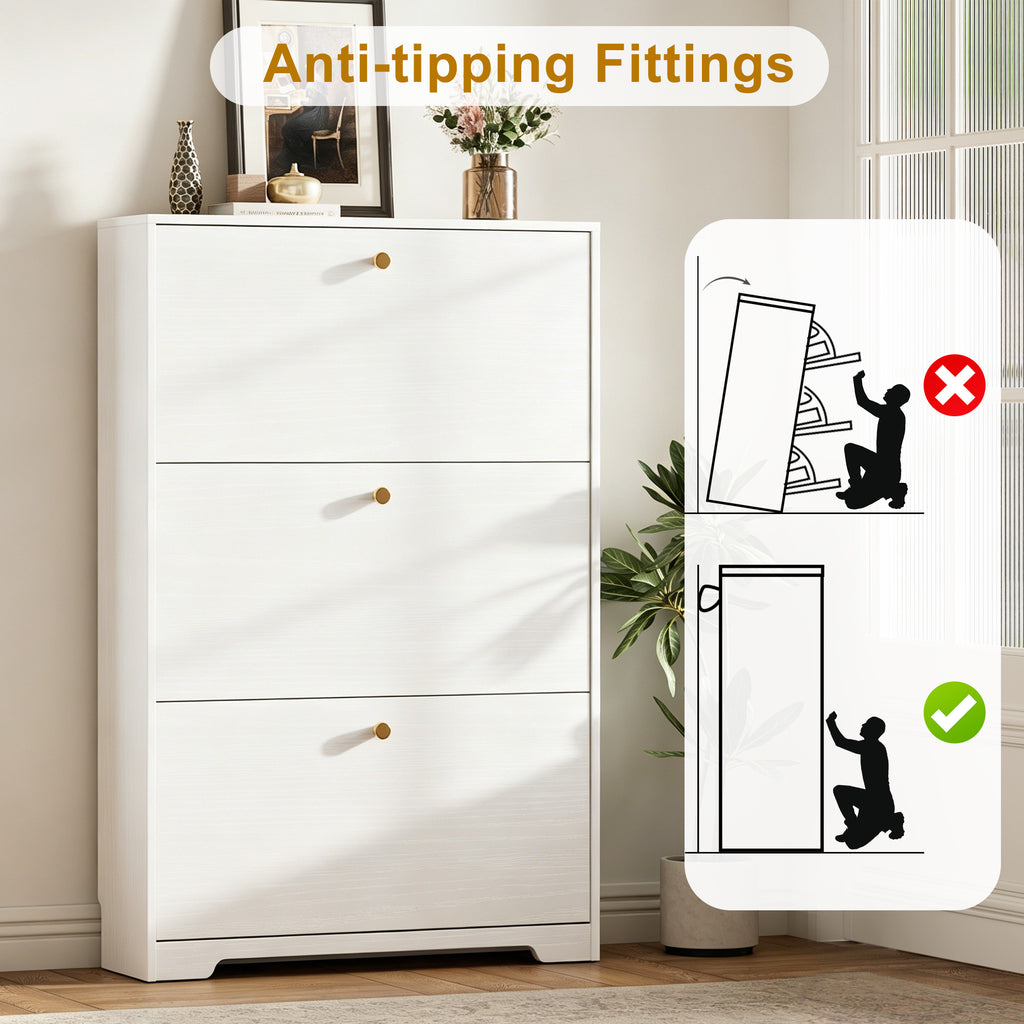 Skyhill Shoe Cabinet with 3 Flip Drawers,Modern Shoe Organizer for Entryway,White