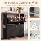 Skyhill Shoe Cabinet with 2 Flip Drawers,Freestanding Shoe Storage Organizer,White & Walnut 2-Tone Narrow Shoe Rack for Entryway,Black
