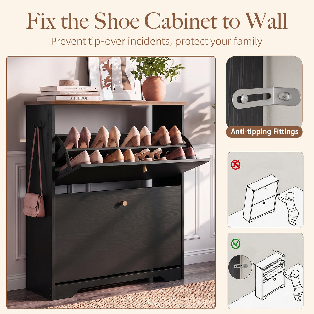 Skyhill Shoe Cabinet with 2 Flip Drawers,Freestanding Shoe Storage Organizer,White & Walnut 2-Tone Narrow Shoe Rack for Entryway,Black