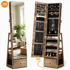 Skyhill 360°Swivel Jewelry Armoire, 60" Full Length Mirror Cabinet with 3 Rear Shelves, Bottom Drawer, Brown
