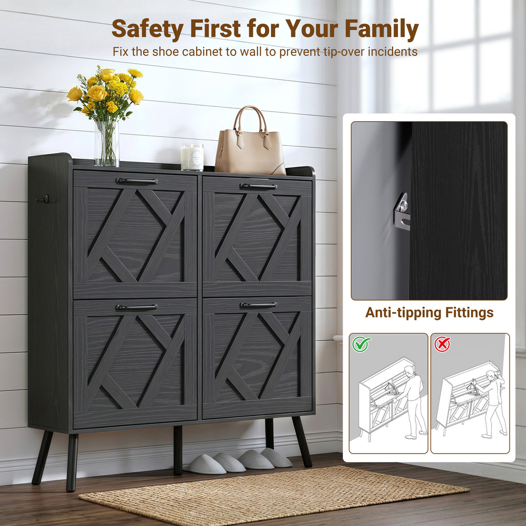 Skyhill Shoe Cabinet with 4 Flip Drawers,Farmhouse Shoe Storage Organizer for Entryway,Black