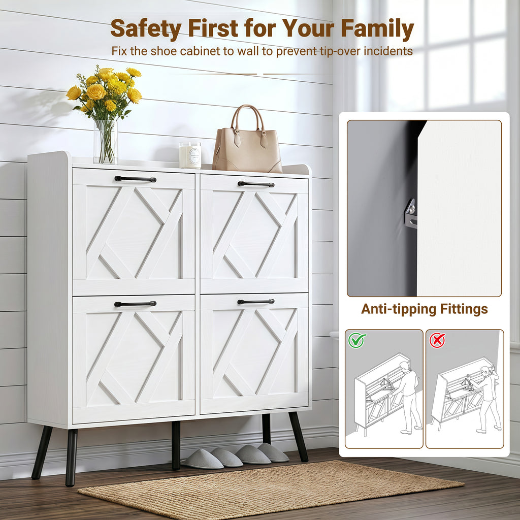 Skyhill Shoe Cabinet with 4 Flip Drawers,Farmhouse Shoe Storage Organizer for Entryway,White