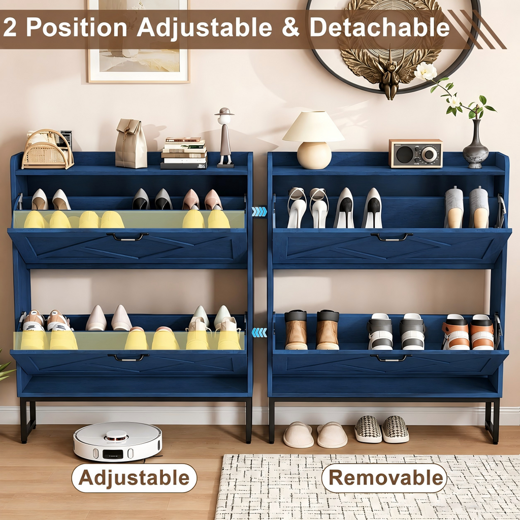 Skyhill Shoe Cabinet with 2 Flip Drawers,Farmhouse Shoe Organizer for Entryway,Blue