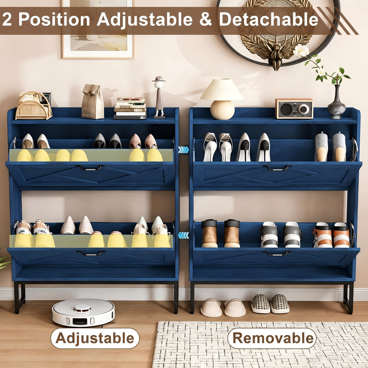 Skyhill Shoe Cabinet with 2 Flip Drawers,Farmhouse Shoe Organizer for Entryway,Blue