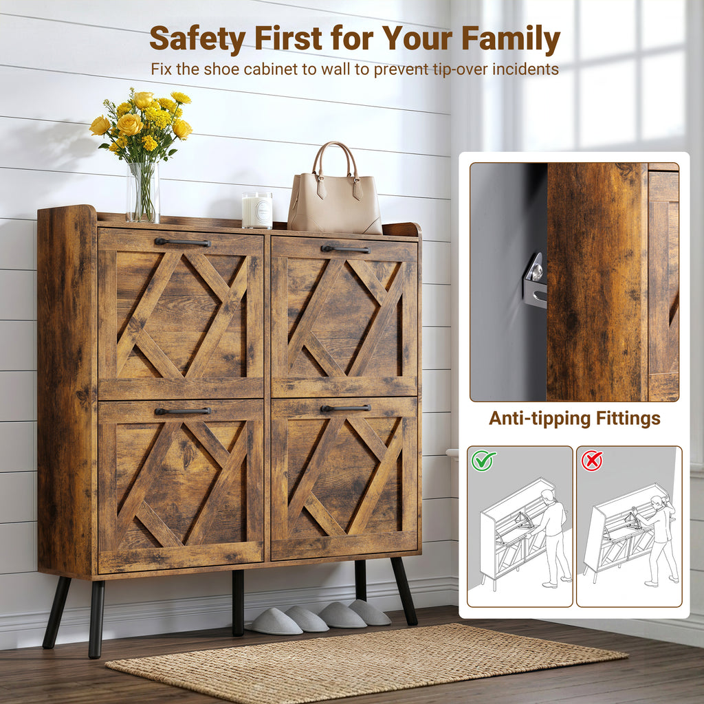 Skyhill Shoe Cabinet with 4 Flip Drawers,Farmhouse Shoe Storage Organizer for Entryway,Brown