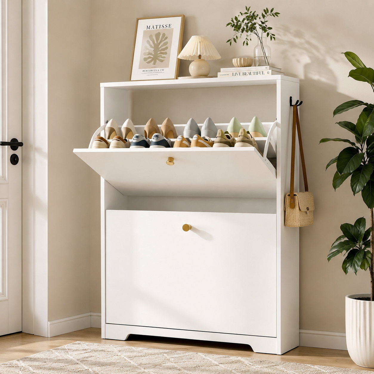 Skyhill Shoe Cabinet with 2 Flip Drawers,Modern Shoe Organizer for Entryway,White