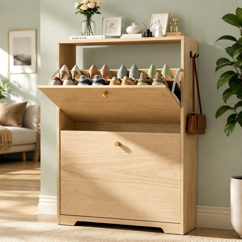 Skyhill Shoe Cabinet with 2 Flip Drawers,Modern Shoe Organizer for Entryway,Wood color