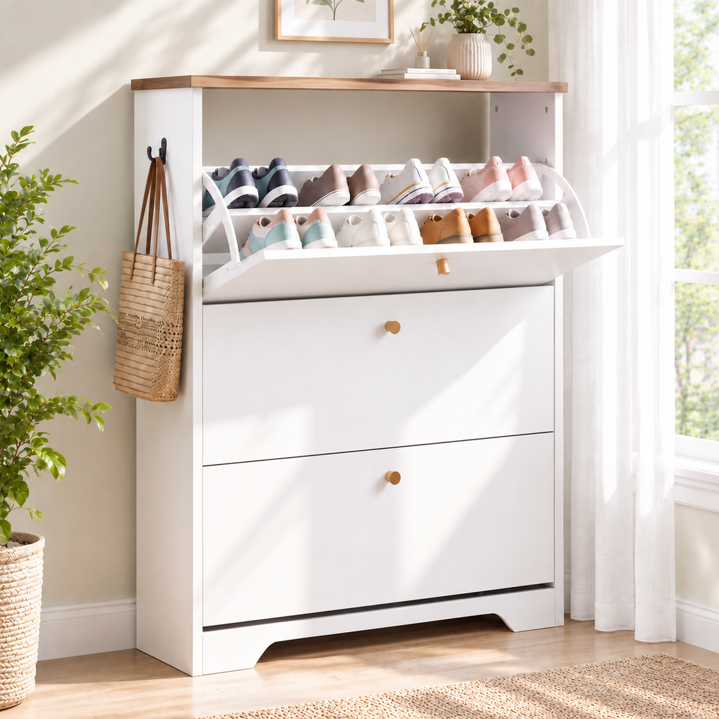 Skyhill Shoe Cabinet with 3 Flip Drawers,Freestanding Shoe Storage Organizer,White & Walnut 2-Tone Narrow Shoe Rack for Entryway,White