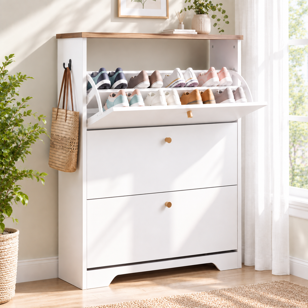 Skyhill Shoe Cabinet with 3 Flip Drawers,Freestanding Shoe Storage Organizer,White & Walnut 2-Tone Narrow Shoe Rack for Entryway,White