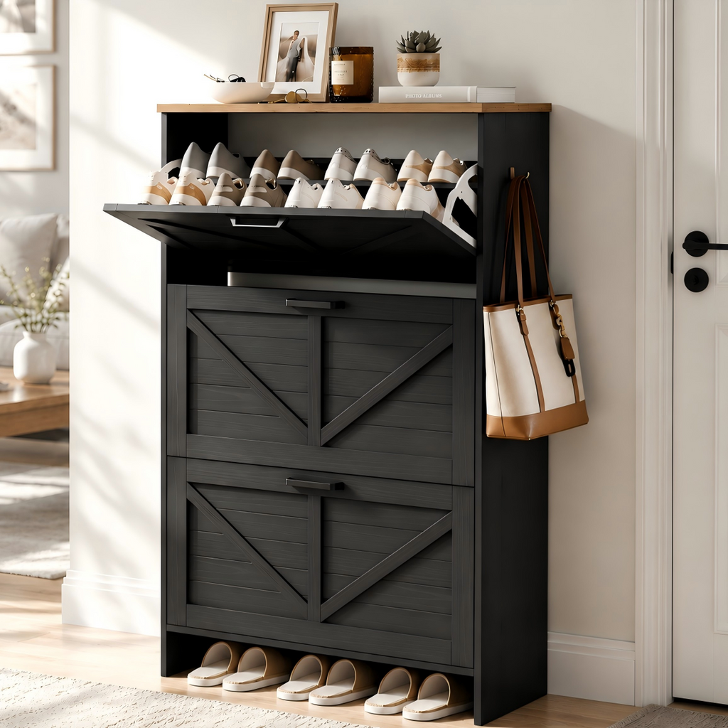 Skyhill Shoe Cabinet with 3 Flip Drawers, Farmhouse Shoe Storage Cabinet Organizer for Entryway, Black