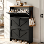 Skyhill Shoe Cabinet with 3 Flip Drawers, Farmhouse Shoe Storage Cabinet Organizer for Entryway, Black