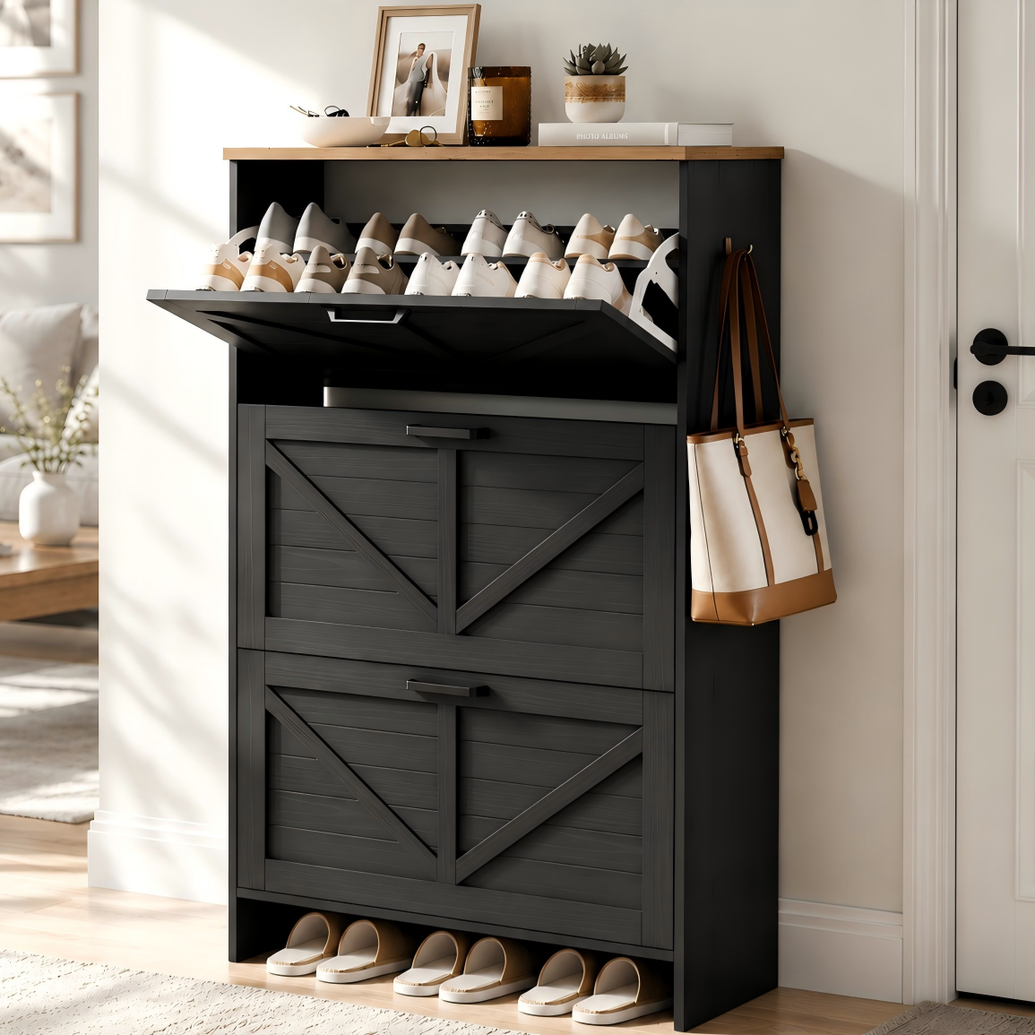 Skyhill Shoe Cabinet with 3 Flip Drawers, Farmhouse Shoe Storage Cabinet Organizer for Entryway, Black
