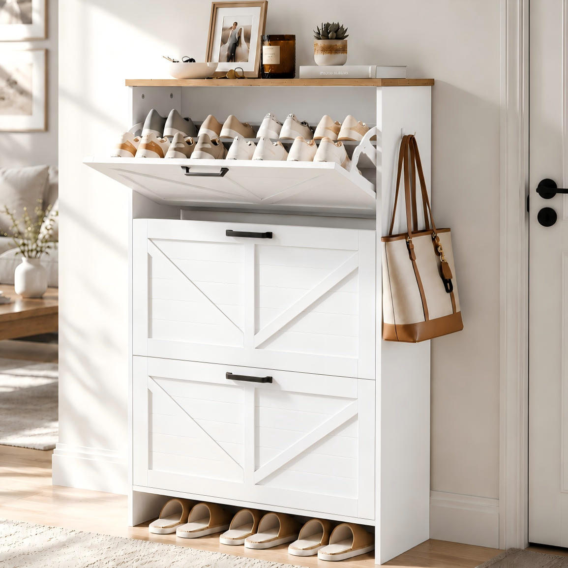 Skyhill Shoe Cabinet with 3 Flip Drawers, Farmhouse Shoe Storage Cabinet Organizer for Entryway, White
