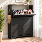 Skyhill Shoe Cabinet with 3 Flip Drawers,Freestanding Shoe Storage Organizer,White & Walnut 2-Tone Narrow Shoe Rack for Entryway,Black