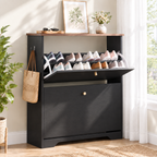Skyhill Shoe Cabinet with 2 Flip Drawers,Freestanding Shoe Storage Organizer,White & Walnut 2-Tone Narrow Shoe Rack for Entryway,Black