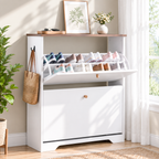Skyhill Shoe Cabinet with 2 Flip Drawers,Freestanding Shoe Storage Organizer,White & Walnut 2-Tone Narrow Shoe Rack for Entryway,White